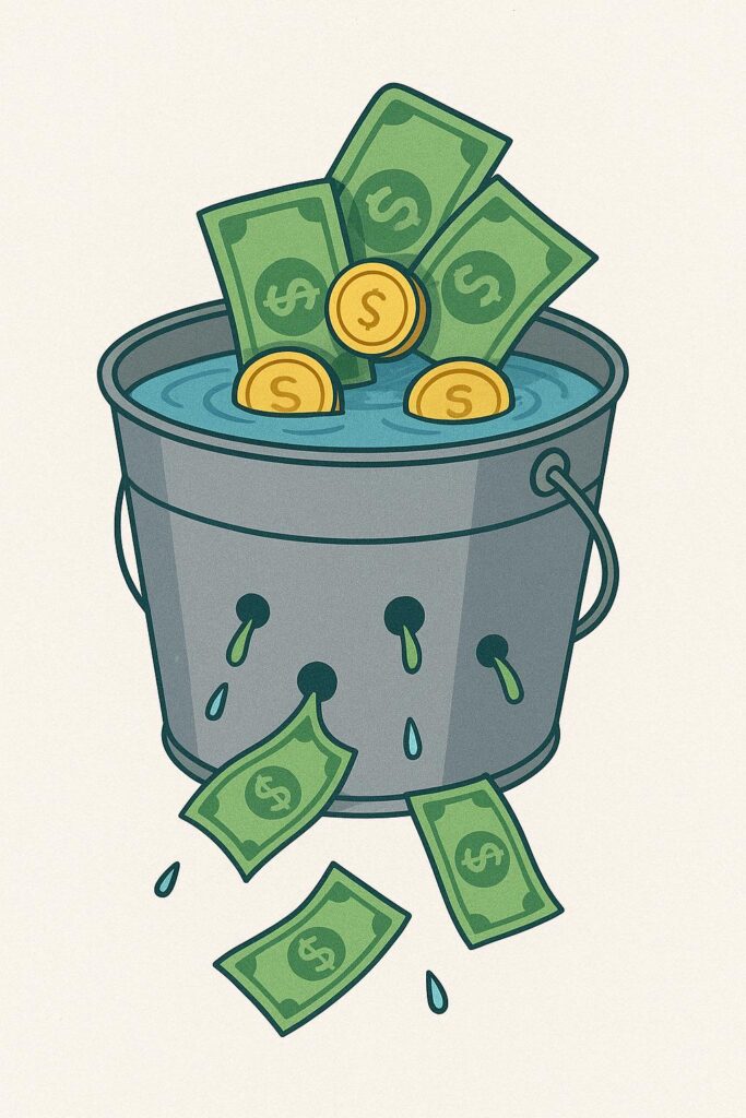 "Balde com furos cheio de moedas e notas a cair, representando os pequenos gastos que fazem o dinheiro desaparecer do orçamento."